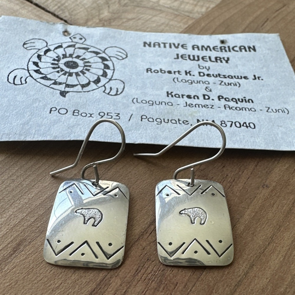 Karen Paquin Acoma Zuni KP Signed Hook Earrings 1.25 Inch Bear 925 Sterling 4.4g